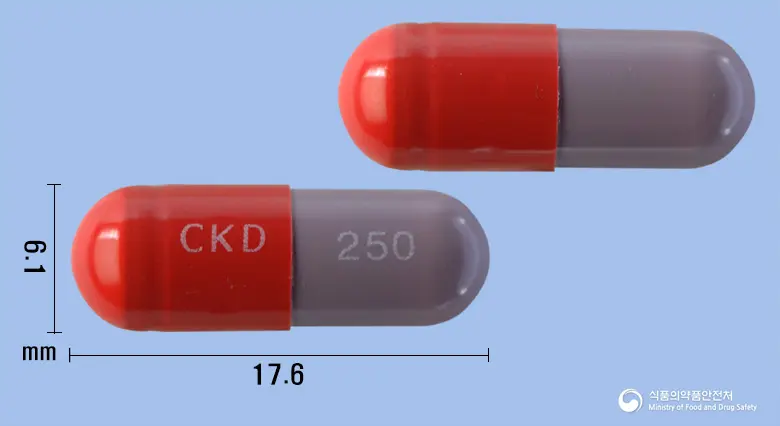 앰씰린캡슐250밀리그램(암피실린수화물) 앞뒤 사진 (빨간색 캡슐, 각인 CKD 250)