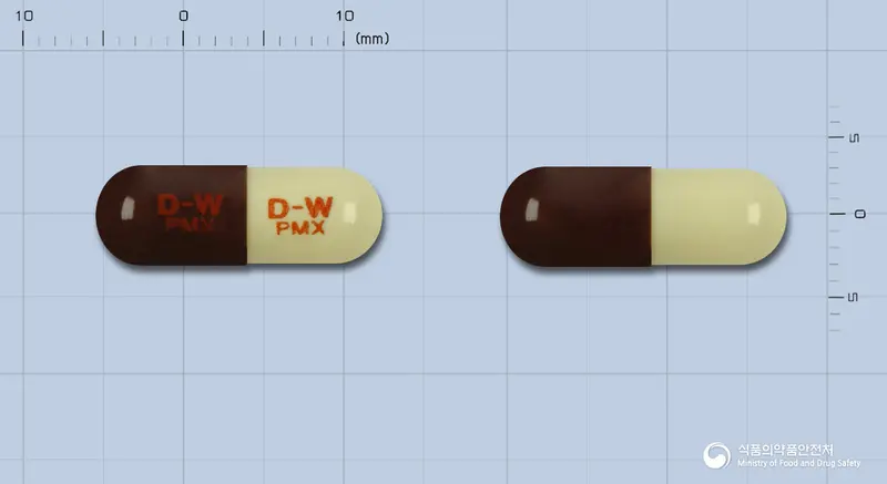 파목신캡슐250밀리그램(아목시실린수화물) 앞뒤 사진 (갈색 캡슐, 각인 D-W D-WPMX PMX)