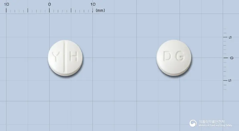 다이그린정(글리피지드) 앞뒤 사진 (흰색 원형, 각인 Y H / DG)