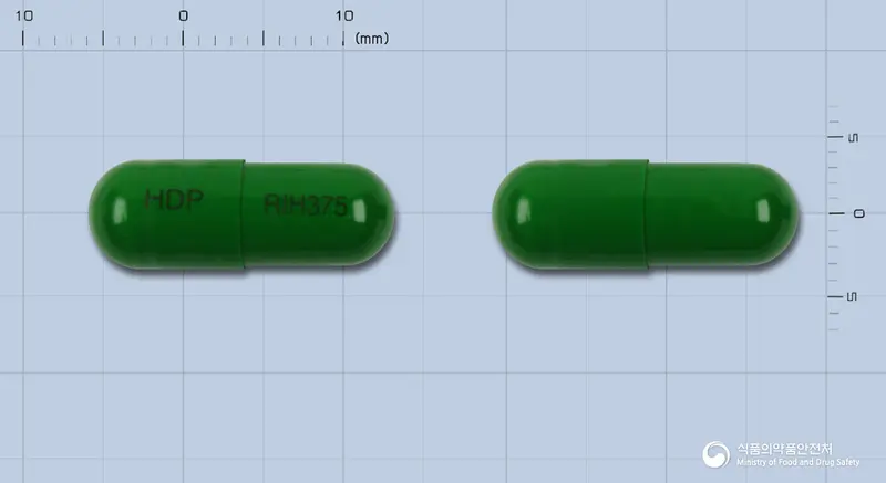 리나치올캡슐375밀리그램(카르보시스테인)(수출명:HyundiolCapsule375Mg) 앞뒤 사진 (초록색 캡슐, 각인 HDP RIH375)
