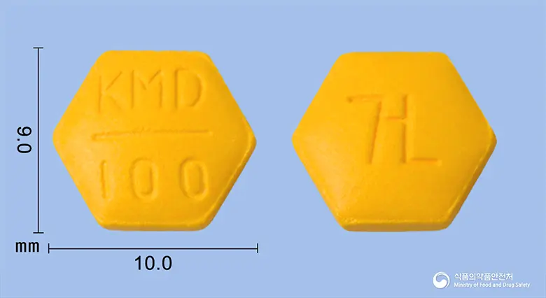크리돌정100밀리그람(설린닥) 앞뒤 사진 (노란색 육각형, 각인 KMD 100)