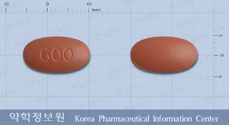 리포덱스정600밀리그람(리팜피신)/종근당리팜피신정600밀리그람(수출용) 앞뒤 사진 (주황색 타원형, 각인 600)