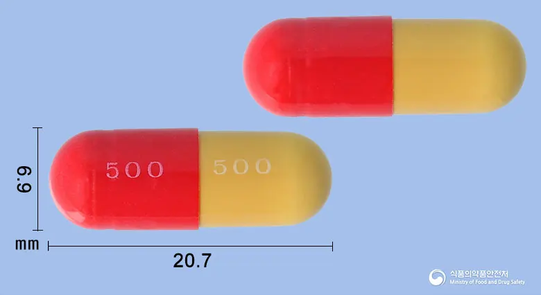 종근당아목시실린캡슐500밀리그램 앞뒤 사진 (빨간색 캡슐, 각인 500 500)