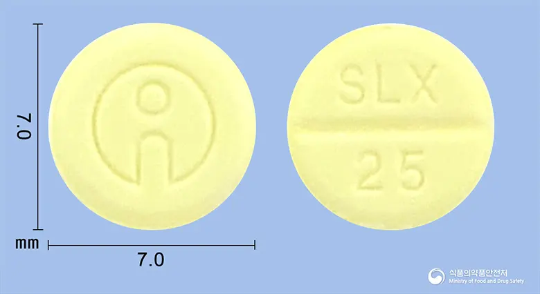 스락신정25밀리그램(오르페나드린염산염) 앞뒤 사진 (노란색 원형, 각인 SLX 25)