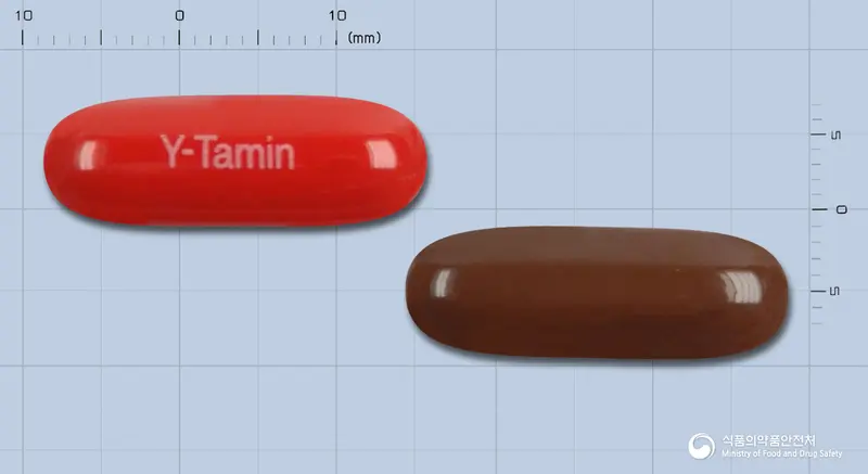 와이타민캅셀 앞뒤 사진 (빨간색 캡슐, 각인 Y-Tamin)
