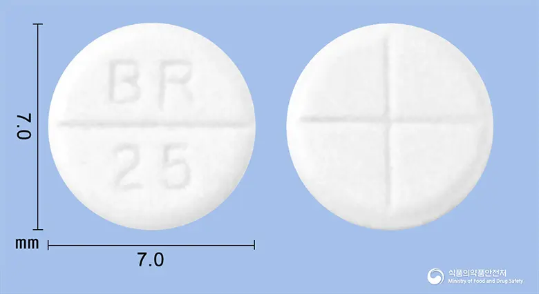 카프릴정25mg(캅토프릴)수출명:Captolongtablet25mg(captopril) 앞뒤 사진 (흰색 원형, 각인 BR 25)