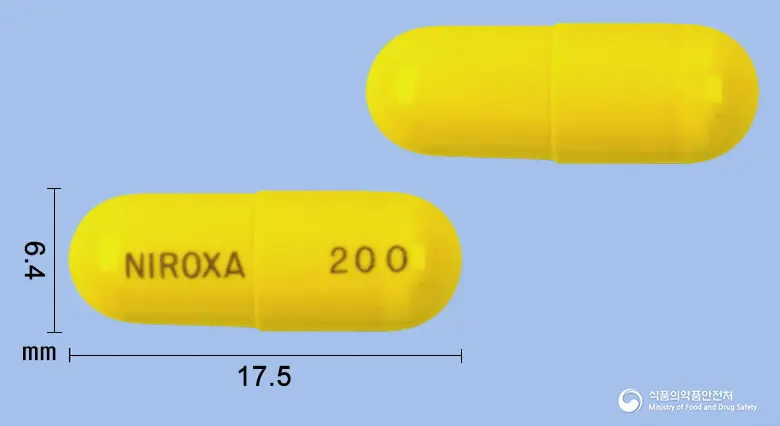 니록사캡슐(니푸록사지드)(수출용) 앞뒤 사진 (노란색 캡슐, 각인 NIROXA 200)
