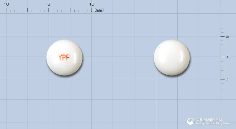 영풍파모티딘정 앞뒤 사진 (흰색 원형, 각인 YPF)