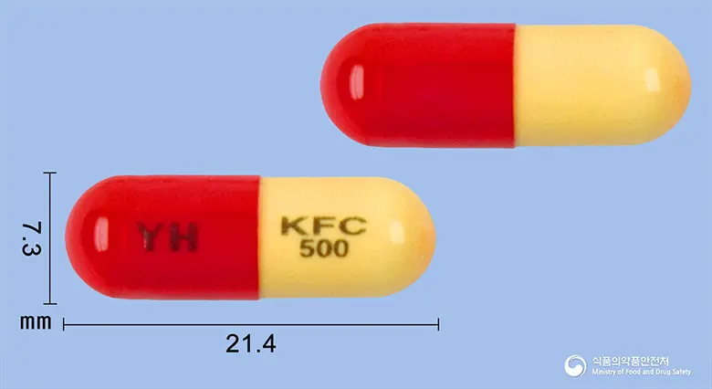 케파신캡슐500밀리그램(세팔렉신수화물) 앞뒤 사진 (빨간색 캡슐, 각인 YH KFC 500)