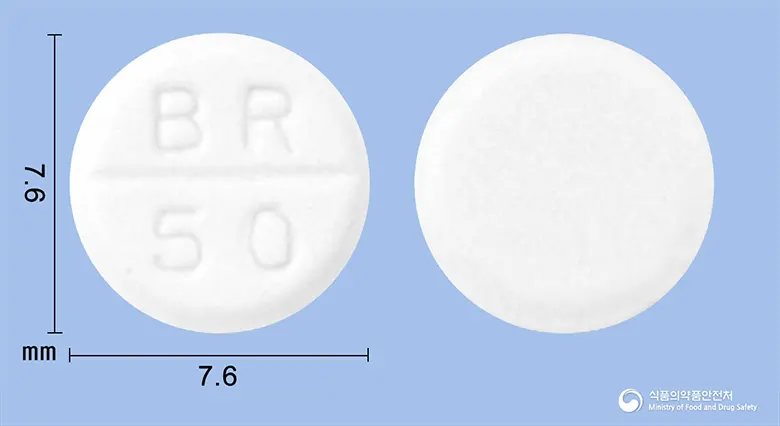 카프릴정50밀리그람(캅토프릴)수출명:captolongtablet50mg(captopril) 앞뒤 사진 (흰색 원형, 각인 BR 50)