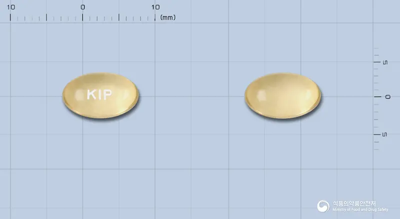 포로시스연질캅셀(알파칼시돌) 앞뒤 사진 (노란색·투명 캡슐, 각인 KIP)