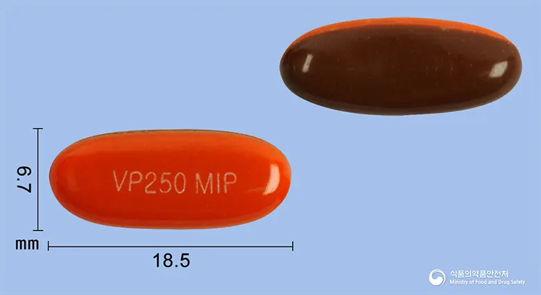 발핀연질캡슐250mg(발프로산)(수출용) 앞뒤 사진 (주황색 캡슐, 각인 VP250 MIP)