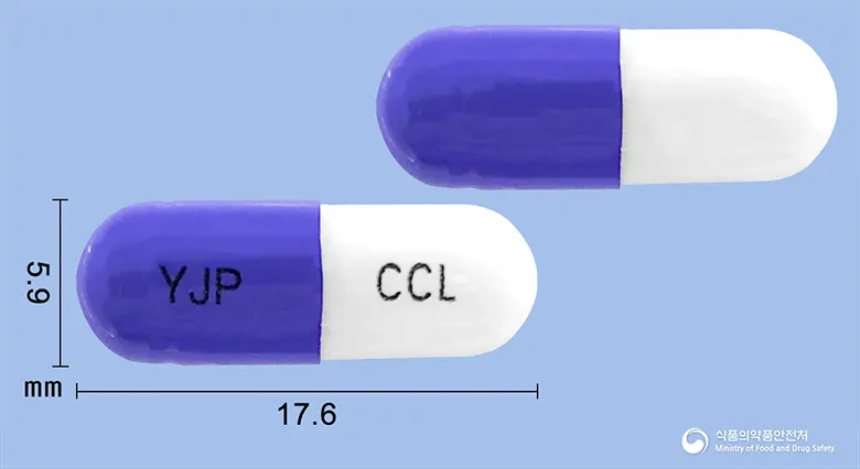 영진세파클러캡슐(수출명 : 세파클러캡슐250mg(사와이)) 앞뒤 사진 (보라색 캡슐, 각인 YJP CCL)