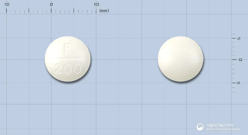 푸가신정(오플록사신)(수출용)(수출명:SP OFLOXACIN Tablets 200mg,SHINPOONG FUGACIN Tablets,SHINPOONG FUGACIN Film coated tablet) 앞뒤 사진 (흰색 원형, 각인 F---200)