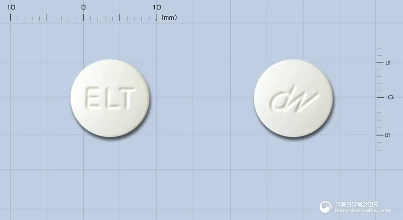 엘티딘정(라니티딘염산염) 앞뒤 사진 (흰색 원형, 각인 ELT)