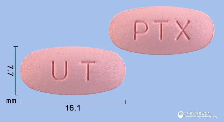 페렌탈정(펜톡시필린)(수출명:Vazofen Tabs., PERENTAL L.P. Tabs.)(수출용) 앞뒤 사진 (분홍색 타원형, 각인 UT / PTX)