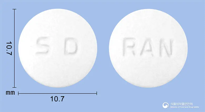 팜젠라니티딘염산염정150mg(수출명:란티드정150mg) 앞뒤 사진 (흰색 원형, 각인 SD / RAN)