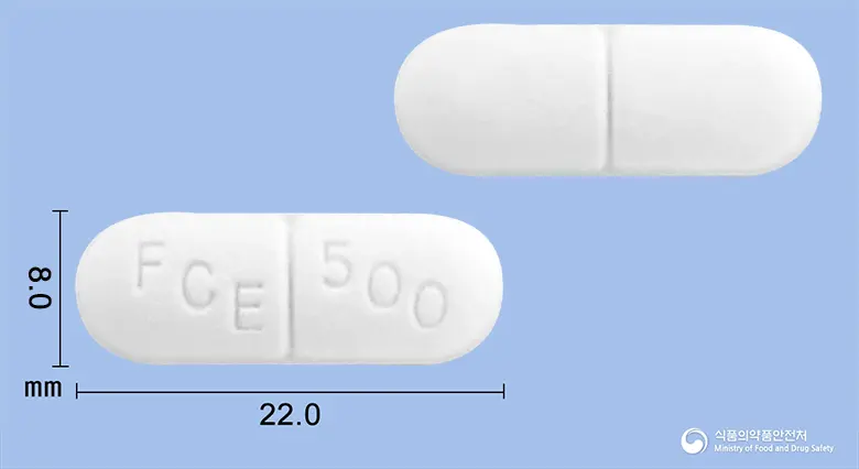 파루탈정(메드록시프로게스테론아세테이트) 앞뒤 사진 (흰색 장방형, 각인 FCE 500)