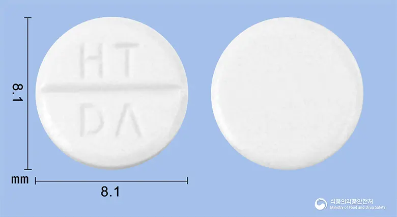 디아민정(글리클라짓)(수출명:Bee-DiaminTablet,Meracron 80mg Tab) 앞뒤 사진 (흰색 원형, 각인 HT DA)