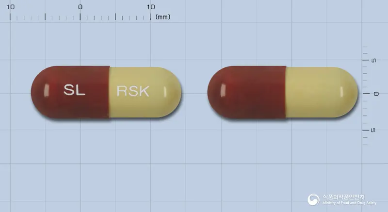 레스코캅셀(폴리사카라이드케이) 앞뒤 사진 (갈색 캡슐, 각인 SL RSK)