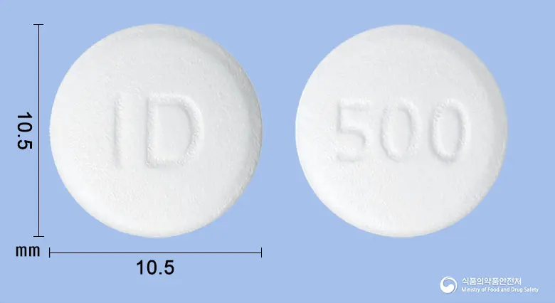메토폴정(메트포르민염산염) 앞뒤 사진 (흰색 원형, 각인 ID / 500)