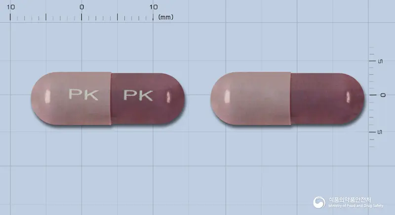 파비스에토돌락캅셀(수출용)(수출명 : SOTOLAC , M-PRO ) 앞뒤 사진 (자주색 캡슐, 각인 PK PK)
