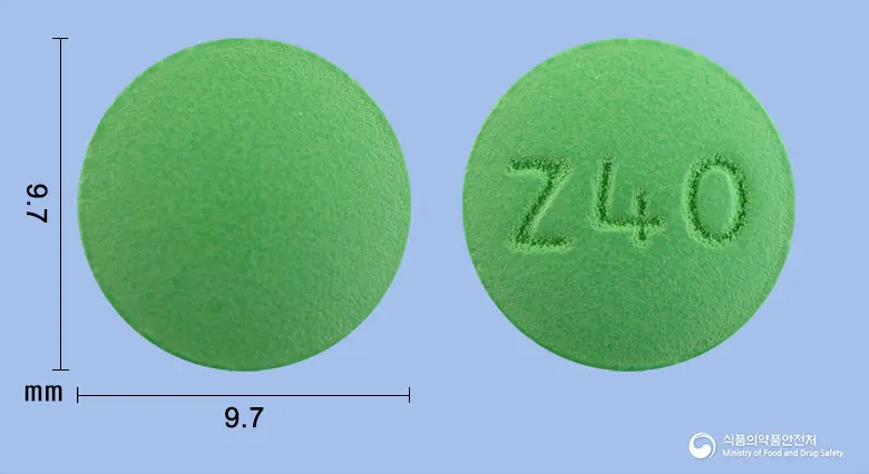 징카민정40mg(은행엽건조엑스)(수출명 : 징카프란정) 앞뒤 사진 (연두색 원형, 각인 Z40)