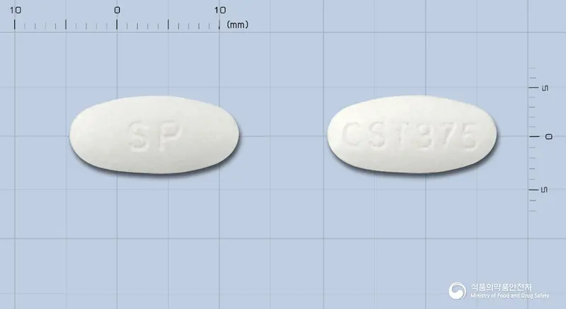 크라목신정(수출명:SHIXCLAMOXTablets,SHINPOONGCLAMOXTablets,SHINACINTablet375mg,ATADAR Tablat 375mg) 앞뒤 사진 (흰색 타원형, 각인 SP / CST375)