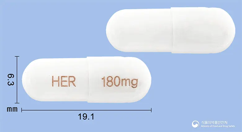 헤르벤서방캡슐180밀리그램(딜티아젬염산염) 앞뒤 사진 (흰색 캡슐, 각인 HER 180mg)