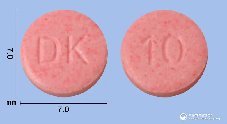 동광에날라프릴정10mg 앞뒤 사진 (분홍색 원형, 각인 DK / 10)