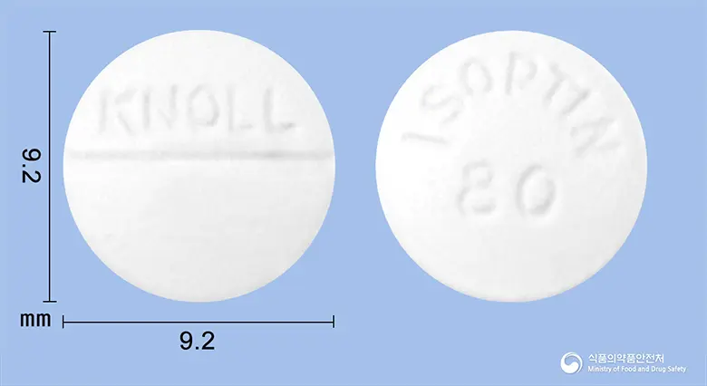 일성이솦틴정80밀리그램(베라파밀염산염) 앞뒤 사진 (흰색 원형, 각인 KNOLL / ISOPTIN80)