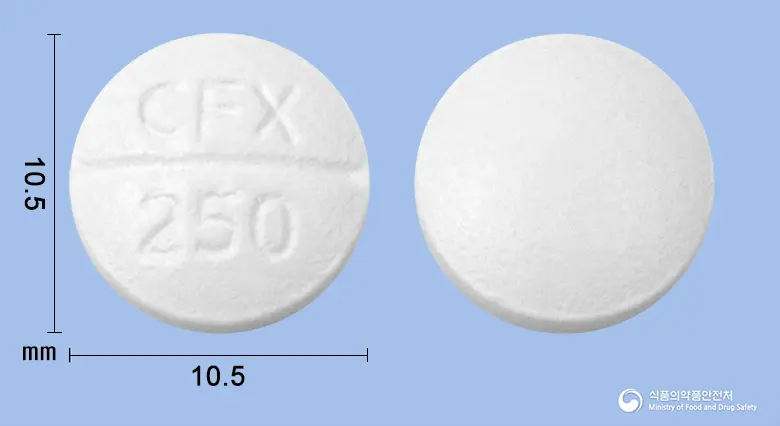파마시프로플록사신정250mg(시프로플록사신염산염수화물) 앞뒤 사진 (흰색 원형, 각인 CFX 250)