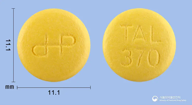 탈마정(탈니플루메이트) 앞뒤 사진 (노란색 원형, 각인 TAL370)