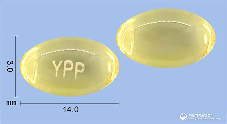 화니돌0.5마이크로그램연질캡슐(알파칼시돌) 앞뒤 사진 (노란색·투명 캡슐, 각인 YPP)