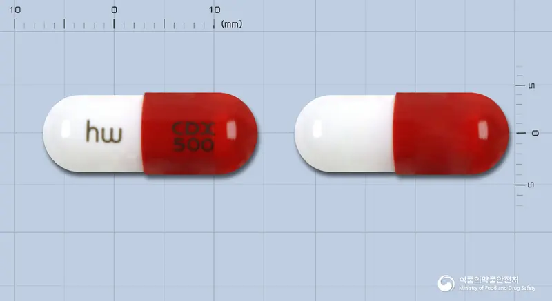 하원세파드록실수화물캡슐500mg 앞뒤 사진 (빨간색 캡슐, 각인 hw CDX 500)