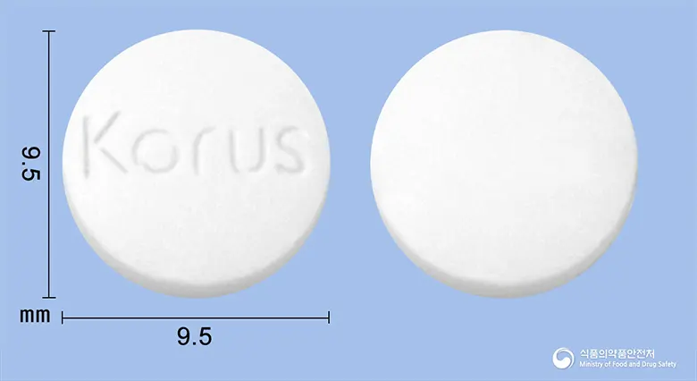 코러스오플록사신정200mg(수출명:TOFLOXIN TAB.,KroflinTab.,Korucin Tab.,Superox Tab.) 앞뒤 사진 (흰색 원형, 각인 Korus)