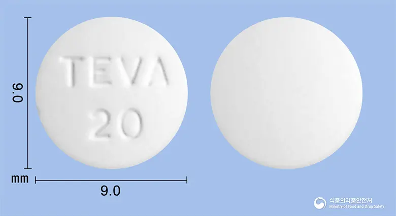 타모프렉스정20밀리그램(타목시펜시트르산염) 앞뒤 사진 (흰색 원형, 각인 TEVA20)