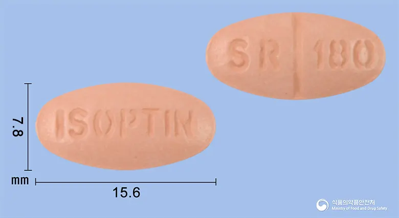 일성이솦틴서방정180밀리그람(베라파밀염산염) 앞뒤 사진 (분홍색 타원형, 각인 ISOPTIN / SR 180)
