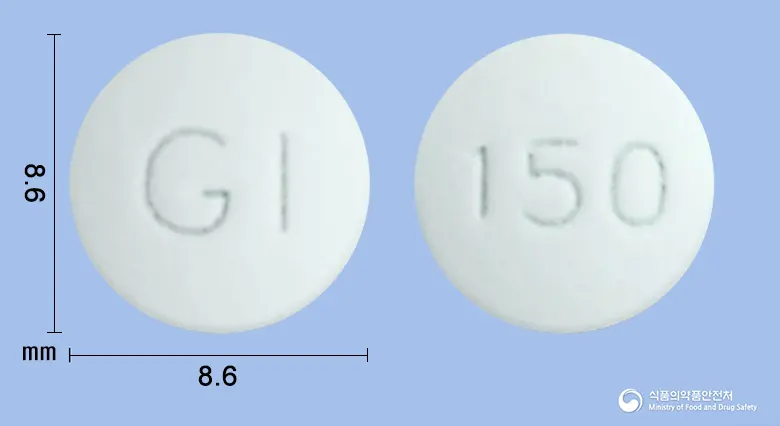 지아이지정(라니티딘염산염) 앞뒤 사진 (흰색 원형, 각인 GI / 150)