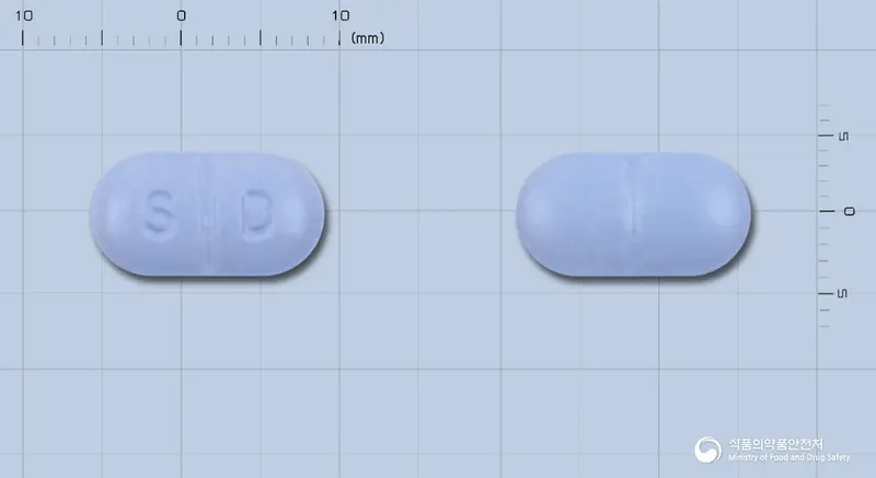 우리들나프록센나트륨정275mg 앞뒤 사진 (파란색 장방형, 각인 S D)