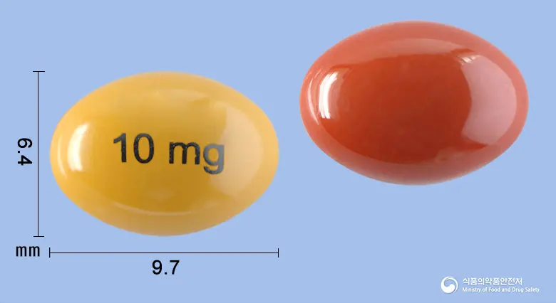 베사노이드연질캡슐10밀리그램(트레티노인) 앞뒤 사진 (주황색 캡슐, 각인 10mg)