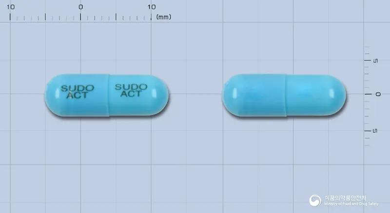 팜젠아세틸시스테인캡슐200mg 앞뒤 사진 (파란색 캡슐, 각인 SUDO SUDOACT ACT)
