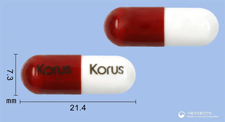 세파실캡슐(세파드록실일수화물)(수출명:1.CEXILCAP.2.RUSEFASTCap.3.ZICORAXILCap.4.CFD500Cap.) 앞뒤 사진 (갈색 캡슐, 각인 Korus Korus)