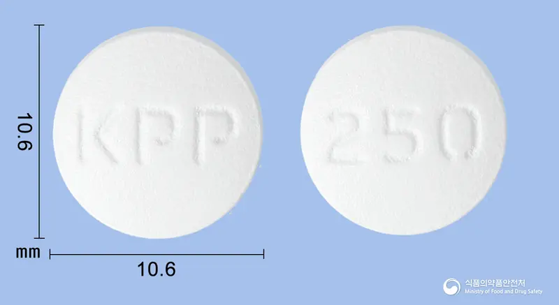 록신정250밀리그램(시프로플록사신염산염수화물) 앞뒤 사진 (흰색 원형, 각인 KPP / 250)