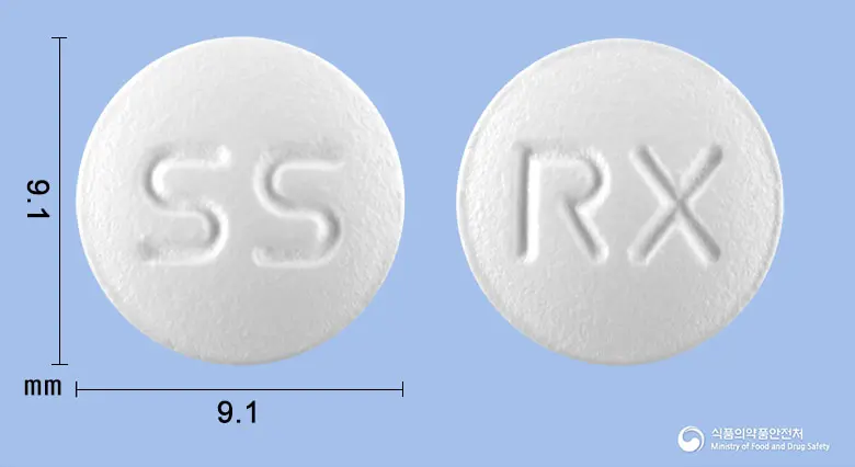 록시나정(록시트로마이신) 앞뒤 사진 (흰색 원형, 각인 SS / RX)