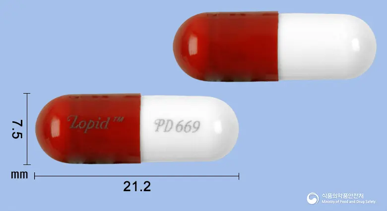 제일로피드캡슐(겜피브로질) 앞뒤 사진 (빨간색 캡슐, 각인 Lopid™ PD669)