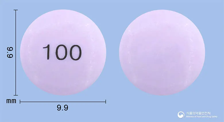 로도핀정100mg(죠테핀) 앞뒤 사진 (보라색 원형, 각인 100)