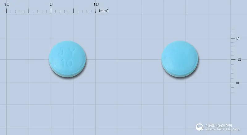 베탁정10mg(베탁솔롤염산염)(수출용) 앞뒤 사진 (파란색 원형, 각인 JY10)