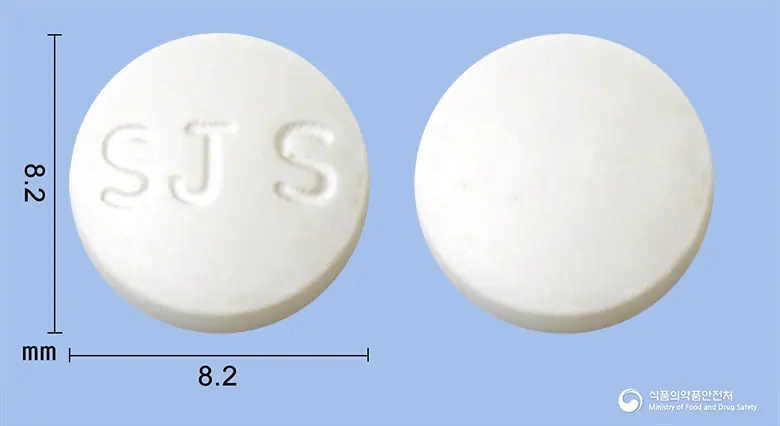 스키드마이신정150mg(록시트로마이신)[수출명:세록스정(ceroxtab.150mg),로센트정(rocenttab.150mg)] 앞뒤 사진 (흰색 원형, 각인 SJ S)