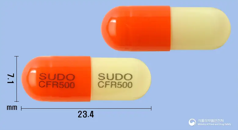 팜젠세프라딘수화물캡슐500mg(수출명:수라딘캡슐500mg, 파시딘캡슐500mg) 앞뒤 사진 (주황색 캡슐, 각인 SUDO SUDO CFR500 CFR500)
